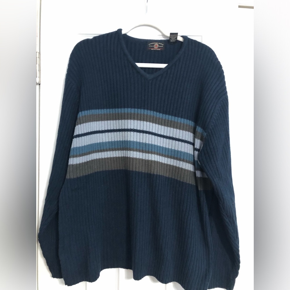 American Eagle‎ Outfitters Navy and Gray V-Neck Sweater ribbed vintage Y2K XL
